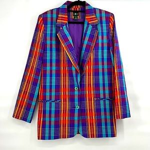 Vintage Hunters Club plaid blazer bright colorful purple blue size 12